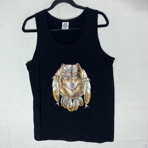 5/$25 5 Pro Athletic Black Cotton Tank Top with Wolf and Feather Graphic M